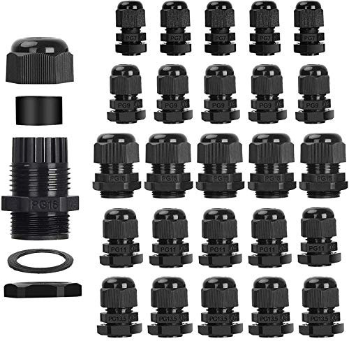 25Pcs Kabelverschraubung, Bolatus IP68 Wasserdicht Kabelverschraubungen PG7 PG9 PG11 PG13.5 PG16 Schwarz Verstellbare Kabelsteckverbinder Set mit Gegenmutter Kunststoff Einstellbar Kabelanschlüsse