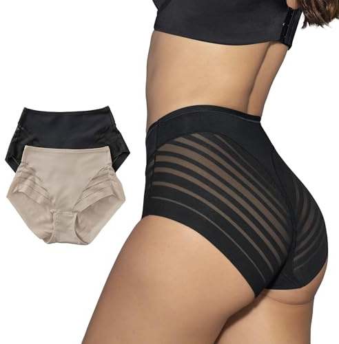 Leonisa Seamless High Waisted Tummy Control Knickers for Women, Lace Shapewear Panty with Butt Lifting Effect, Invisible Control Underwear Unit or Pack X2