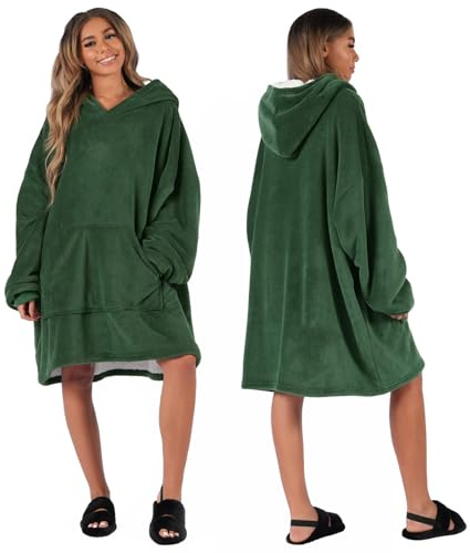 Sienna Hoodie Blanket Oversized Ultra Soft Plush Sherpa Fleece Wearable Warm Throw Blanket Cosy Giant Sweatshirt - Forest Green