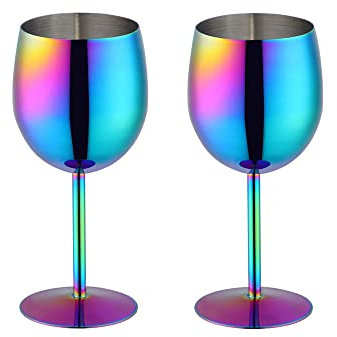 BISDARUN Weißweingläser Set mit 2 Rotweinkelchen, 18/8 Edelstahl, 350 ml, Metallkelch, Gläser für Cocktail, Champagner, Whiskey, Bier (Regenbogen)