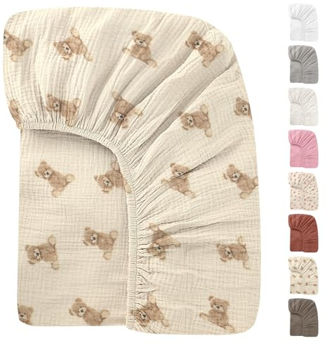 Organic Crib Sheets Fitted Crib Mattress Sheet 52x28 Inches 100% Muslin Cotton for Baby Girls & Boys, Soft Boho Neutral Toddler Bedding Bed Sheets Fits Well Standard Size Crib Mattress 28x52 Inches