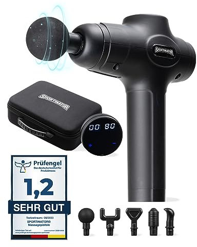 SPORTINATOR® Level Up Massagepistole inkl. verschiedener Aufsätze und Tragetasche, elektrisches Handmassagegerät mit USB-C-Anschluss und LCD-Touchscreen (Schwarz)