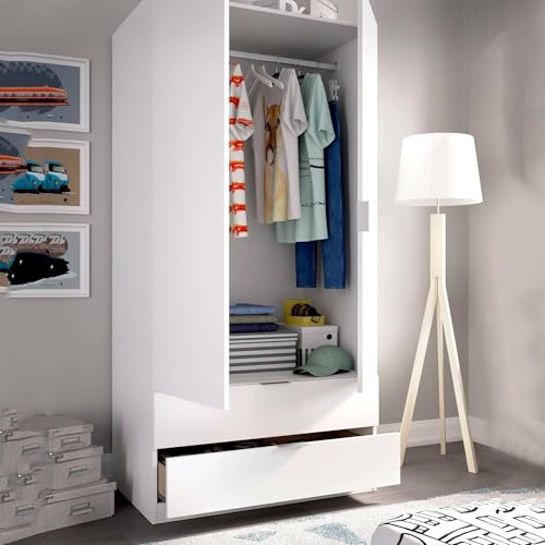 Dmora Guardaroba 2 Ante Pisanino 52x184h cm Bianco 2 Cassetti Appendiabiti, Armadio Camera da Letto 2 Ante