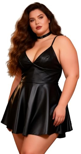 ohmydear Läderklänning damer sexig kort babydoll läder underkläder damer A-linje klubbkläder sexig outfit för kvinnor curvy underkläder PU-läder klänning för fest, svart, L