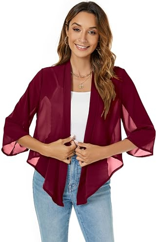 Famrrifuu Chaqueta de Bolero de Chiffón para Mujer, Chaqueta de Hombro de Manga 3/4 Elegante, Cardigan Corto, Bolerojacke Casual, Top Ligero y Fino, borgoña, L