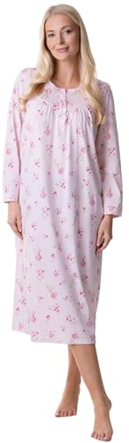 Camille Camicia da notte da donna a maniche lunghe, 100% cotone, morbida stampa floreale, con chiusura a bottoni, elegante scollo rotondo, biancheria da notte da donna, blu o rosa, rosa, 46/48 IT
