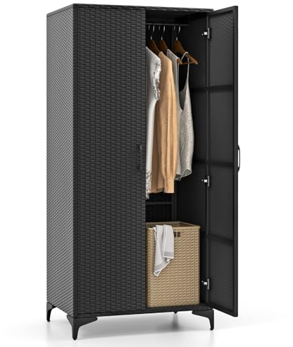 COSTWAY Armadio in Vimini con 2 Ante, Armadio Guardaroba in Rattan PE con Asta Appendiabiti e 4 Cubi di Stoccaggio, per Soggiorno, Camera da Letto e Patio, 72 x 50 x 157 cm (Nero)
