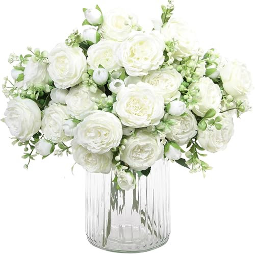 HNVNER 2 Bouquets Fleurs artificielles en Soie Pivoine Artificielle Fausse Fleur pour Mariage Parti Accueil Cuisine Décor, Blanc