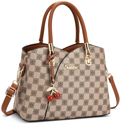 FOLOVEYA Damen Handtasche Elegante PU Leder Henkeltasche Mittelgroße Schultertasche Umhängetasche Wasserdicht Mode Shopper Tasche mit Anhänger für Business Reise Einkaufen Viele Taschen Khaki Orange