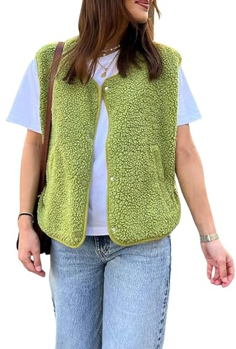 SANSIWU Womens Fleece Vest Tops Solid Color V Neck Sleeveless Snap Button Up Jacket Cardigan Winter Lamb wool Warm Outwear with Pockets (Green A, M)