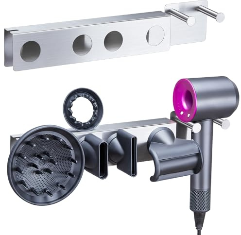 LOXSUN Föhn Halterung, Föhnhalter Wand Ohne Bohren, Wandhalterung Haartrocknerhalter für Föhn und Zubehör Aufbewahrung, Edelstahl Föhnhalterung Fön Halterung mit Kabellagerungsregale für Bad, Silber