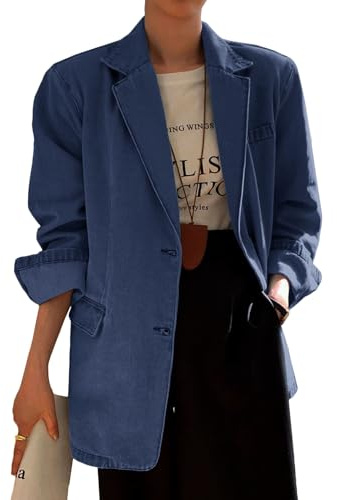 Mina Self Denim Blazer for Women 2026 Deep Blue Spring Lightweight Casual Oversized Trendy Fashion Women's Top Dressy Business Work Office Jean Jacket Women YP002 Deep Blue XL