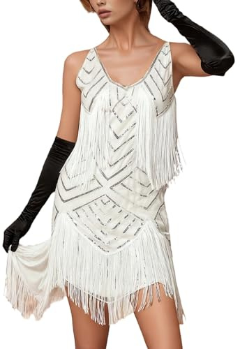 Generisch Vestido de mujer de los años 20 con flecos - Vestido sin mangas estilo charlestón en estilo Gatsby | Vestido de lentejuelas para fiestas temáticas y ocasiones especiales, 3XL