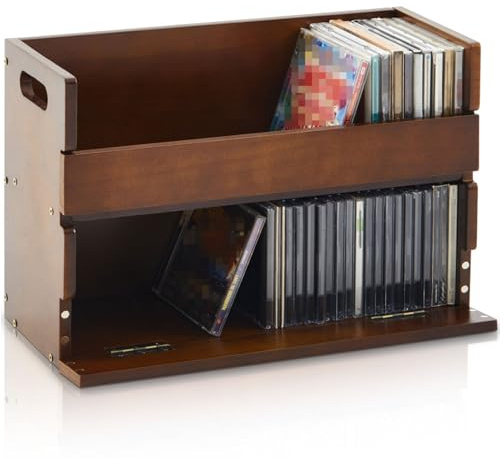 CroBlissful 2-Tier Wooden Cd Storage Holder Stand Cd Display Shelf Racks with Carrying Handles Cassette Tape Organizer Shelf for Movie Cases, Dvds, Can Store up to 72 Pcs Cds(Classic,Brown)