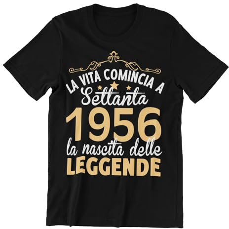 Vulfire Maglietta Uomo 70 Anni Compleanno Idea Regalo Originale per Festa Settantesimo, Nato nel 1956, La Vita Comincia a Settanta, Nascita delle Leggende (IT, Testo, L, Regular, Regular, Nero)