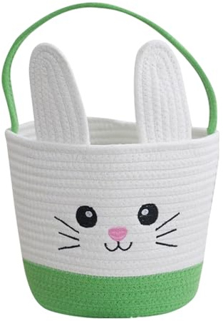 Apparlxer Easter Basket, Large Capacity Woven Baskets with Bunny Ears und Cute Expressions, Reusable Easter Egg Hunt Basket Eastergift Baskets for Teenager Treasure Hunt Activities (Green)