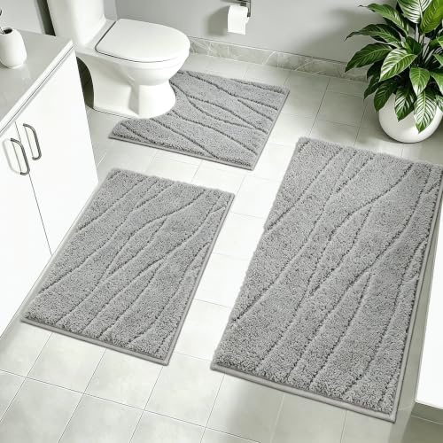 Homcomodar Bath Mat Set 3 Piece Soft Microfiber Absorbent Bathroom Mat Set Non Slip Anti Mould Bath Mats for Bathroom Machine Washable Bathmat and Toilet Mat Set for Bathrooms Floor,Shower(Grey)