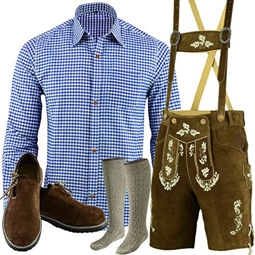 Speed4allkinds Herren Trachten Lederhose Kurz+Träger Größe 46-60 Trachten Set 5 Teilig Bayerische Trachtenlederhose,Hemd,Schuhe,Socken Neu LE27 (Hose 50 Blau Hemd L Schuhe Socken per Mail)