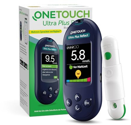 OneTouch Ultra Plus Reflect® Blutzuckermessgerät (mmol/L) I 1 Messgerät, 10 Teststreifen, 10 Lanzetten, 1 Stechhilfe & 1 Etui | Stiftung Warentest SEHR GUT (1,5)