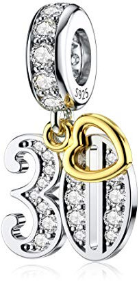 Sterling Silber 30. Charm Gold Herz Zirkonia Geburtstag Charms für DamenMEHRWEG