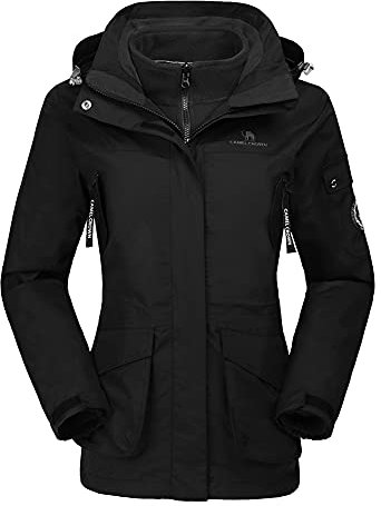 CAMEL CROWN Womens Waterproof Ski Jacket 3-in-1 Windbreaker Winter Coat Fleece Inner for Rain Snow Outdoor Hiking (Black,Size 3XL)