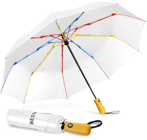 BESTKEE Regenschirm sturmfest, Taschenschirm mit Auf-Zu-Automatik, 210T Wasserdichter Schnelles Trocknen mit Regenbogenrippen Kompakter Winddicht Reiseschirm Leicht für Damen Herren（Weiß）