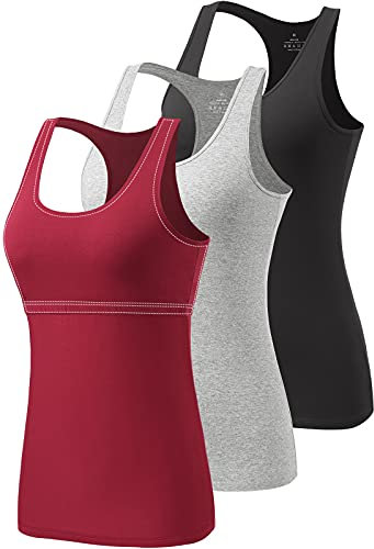 Ymmchy Women Racerback Tank Top with Built in Shelf Bra Athletic Vest 3 Pack Black/Gray/Wine Red M