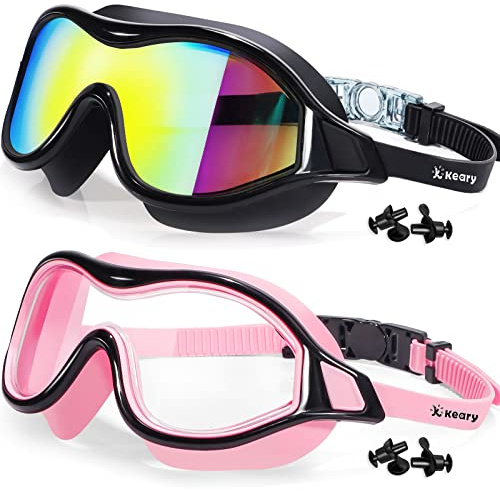 Keary 2 Pack Swimming Goggles Anti-fog Swim goggles for Adult Men Women Youth, UV Protection Waterproof Big Frame Clear Swim Goggles Pool Water Glasses Swim Mask, Underwater Goggles for Swimming