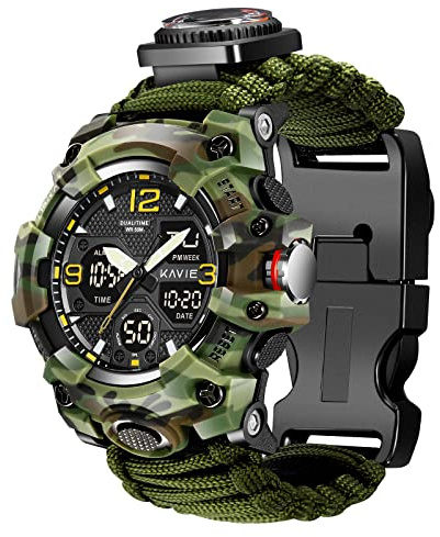 23-in-1 Survival Military Digital Watch, Mens Tactical Multi-Functional and Adjustable Wristband Outdoors Waterproof Sports Dual Dial Watches with Compass Paracord Band, Green Cam, Digital