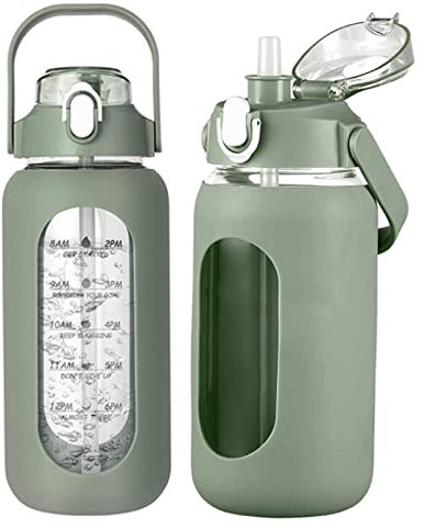 Rachlicy 64oz Water Bottles with Straw Glass Water Bottles with Time Marker and Silicone Sleeve Motivational Sports Drinking Bottle for School Office Green