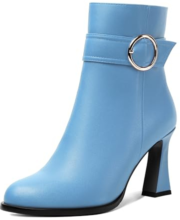 AMBELIGHT Stivaletti da donna con punta tonda e cerniera, stile casual, tinta unita, opachi, tacco alto, 8,4 cm, Azzurro, 40 EU