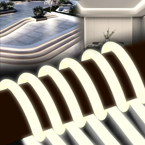 BRIMETI Neon LED Streifen 2M Aussenbereich 320° Glühen Rund Neon Strip Wasserdicht IP65 230V Outdoor Flexibler DIY Lichtband für Innen Küche Deko,mit Einem Netzteil und Controller (Natürliches Weiß)