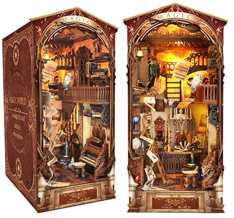 STRUCWOOD Magic Book Nook Kit 3D Wooden Puzzle for Adults Decorative Bookend Stand Book Nook Bookshelf Insert Bookcase Toy for Teenagers Gift Model Kits (Magic World)