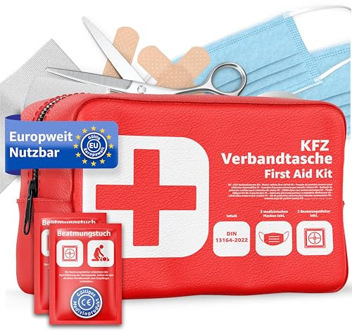 Verbandstasche KFZ Norm 2026 mit Beatmungstücher - Verbandskasten Auto - DIN13164:2022 - Erste Hilfe Set - Verbandskasten StVO konform (Rot)