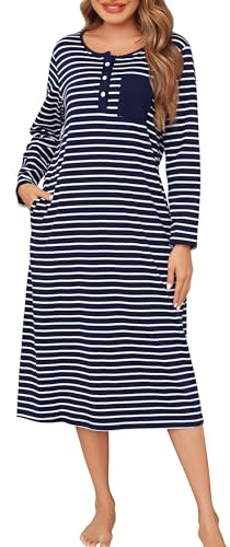 Lovasy Chemise de Nuit Coton Femme Longue Robe de Nuit à Rayures | Manches Longues Vêtement de Nuit Boutonnée Douce avec Poches
