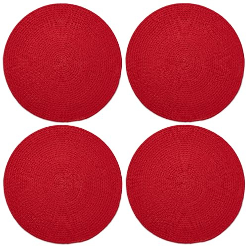 Encasa XO Manteles Individuales Juego de 4 | Manteles Redondos de Algodón - Diámetro de 33 cm | Rojo | Estilo Acanalado Hecho a Mano