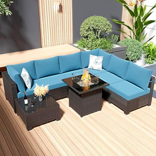 Ophelian 8-Piece Patio Furniture Set with 50,000 BTU Fire Pit Table - Wicker Outdoor Sectional Sofa with Thick Waterproof Cushions, Complete Conversation Set for Backyard Garden(Brown & Peacock Blue)