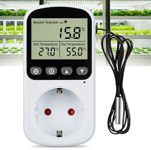 Presa Termostato, 3680W 16A 100-250VAC Regolatore di Temperatura Presa con Sonda, Termostato Presa Digitale con Schermo LCD, Digitale Spina Termoregolatore per Rettili, Incubazione (Presa EU)
