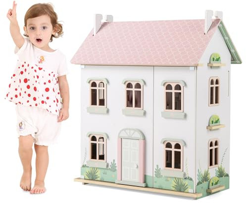 GOPLUS Maison de Poupée Enfant, Maison de Poupée en Bois à 3 Niveaux avec Mobilier, Accessoires, Toits Double-Face, Portes Ouvrantes, Échelles, Maison de Princesse pour Enfant 3+ Ans