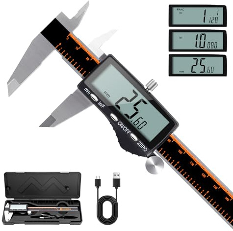 HARDELL Digital Caliper, Rechargeable Calipers with Large LCD Screen, Stainless Steel Caliper Measuring Tool, Auto-Off Micrometer, Inch/MM/Fraction for DIY/Household/3D-printing