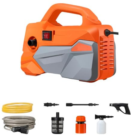Horizontaler Hochdruckreiniger, leicht und kompakt, Druck: max. 120 bar,Reichweite: 25 m2/h, Gewicht: 6,7 kg, Hochdruckschlauch und-Spritzpistole, für Auto, Terrasse, Fenster, Rasen, (orange)