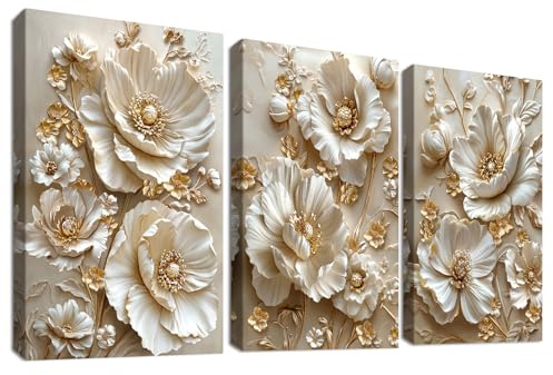 3 Pcs Wooden Framed Canvas Wall Art Canvas Prints Luxury Apricot Gold 3D Peonies Flowers Painting Vintage Floral Cameo Pictures for Living Room Bedroom Bathroom Hallway Wall Decoration 40x60 cm x3pcs
