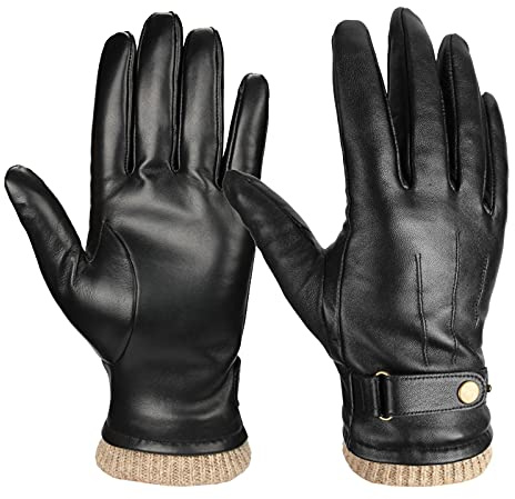 OZERO Gants en cuir pour hommes doublés – Gants d’hiver en cuir coupe-vent, imperméables et tactiles – Pour la ville, la voiture (Cadeaux pour hommes)
