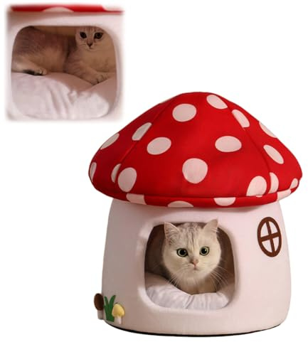 GKWW Cute Cat Bed Cave for Indoor Highland Mushroom Shaped Pet Plush House Self-Warming Nest Small Dogs Rabbits with Removable Cushion for Puppy Bed with Hanging Toy (Red Mushroom)