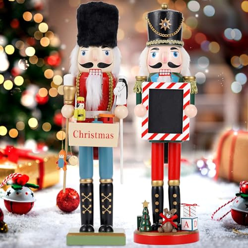 COMBIUBIU 2Pcs Wooden Christmas Decorations Nutcracker, 38CM Traditional Painted Nutcracker Figures,Festive Collectible Christmas Ornament Gift for Family Friends