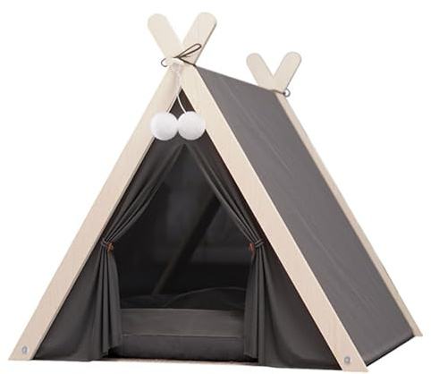 Tipi para mascotas, casa de perro y gato, lona de algodón gris, con cojín de 24 pulgadas, tienda de campaña para perro, tipi grande