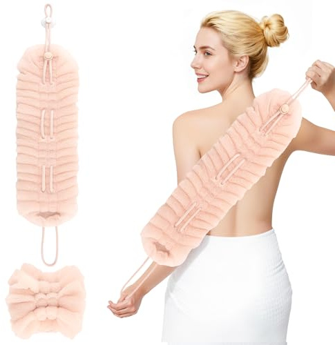 HONZUEN Esponja Baño Extensible 2-en-1 & Cepillo de Espalda, Lufa de Ducha Exfoliante de Malla, Body Scrubber de Nylon con Cuerda Reforzada, Esponja Ducha de Secado Rápido, Melocotón Suave