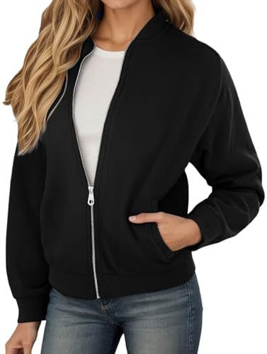 Gefomuofe - Felpa senza cappuccio da donna, a maniche lunghe, tinta unita, con cerniera, stile bomber, giacca da aviatore, per l'autunno, abbigliamento esterno, Nero , XXL