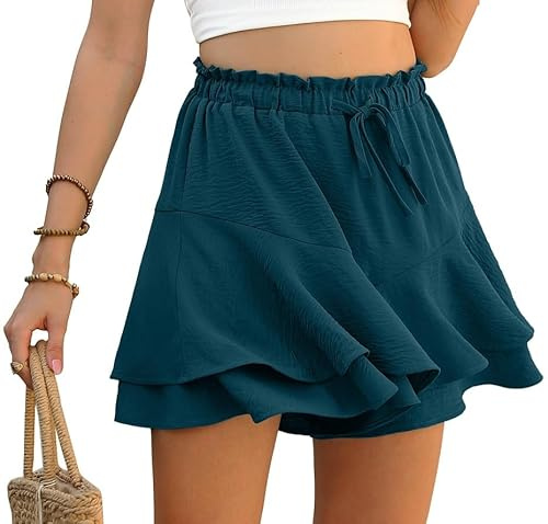 PrinStory Ruffles Shorts For Women High Waist Flowy Shorts Drawstring Skort Casual Summer Skort Wide Leg Culottes