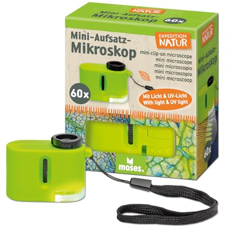 Moses. Expedition Nature, Mini Microscope grossissant 60x avec lumière LED et UV, Microscope de Poche pour Enfants à la découverte de la Nature et à la Recherche, Piles incluses